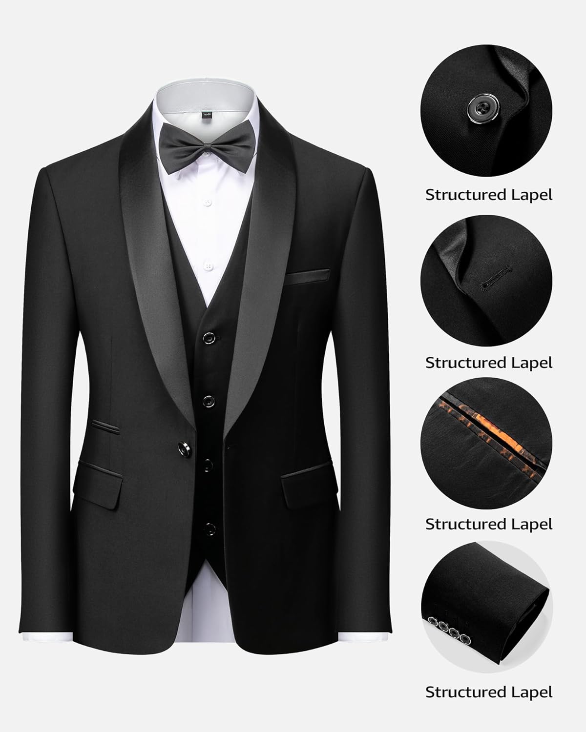 MrSure Men’s 3 Piece Slim Fit Suit, One Button Shawl Lapel Tuxedo, Premium Dinner Jacket Vest Pants & Tie Set - Image 4