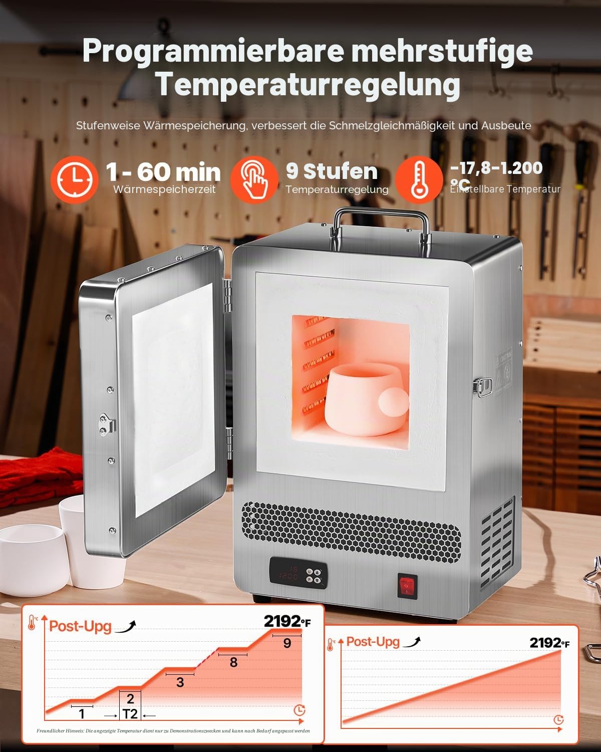 VEVOR Tisch-Schmelzofen 1500 W leistungsstarker elektrischer Ofen 1200 ℃ maximale Temperatur, Goldschmelzofen aus Edelstahl für Wachsguss Ton-DIY Metalltemperierung Glasieren auf Keramik, Silber