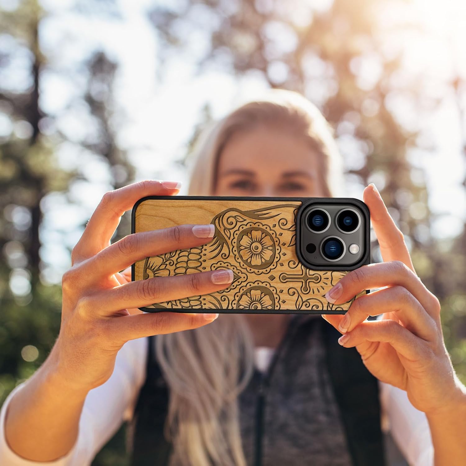 Carveit Magnetic Wooden Case for iPhone 15 Pro Case, Compatible with MagSafe Wireless Chargers, Black Soft TPU Shockproof Cover & Wood Artisan Engraved (Sugar Skull) - Cherry