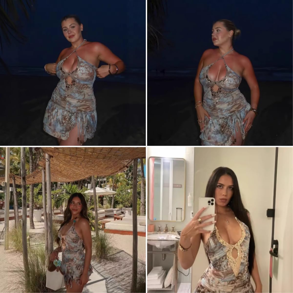 Women's Sexy Sequin Printed Halter Mini Dress Hollow Out Ruffle Hem Backless Short Dresses for Summer Beach Vacation Blue - Image 5