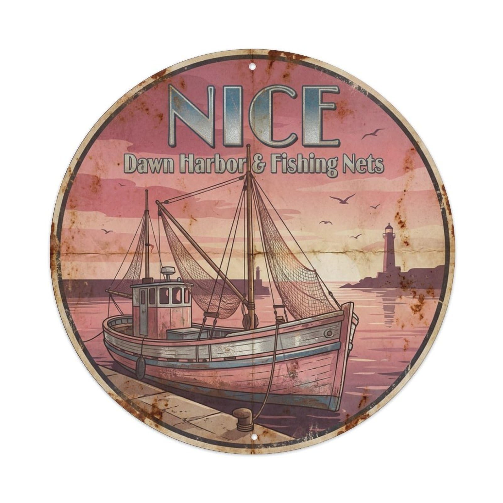 Olhnbad Style Coastal Route Harbor Morning Fishing Nets Nice Travel Metal Tin Sign