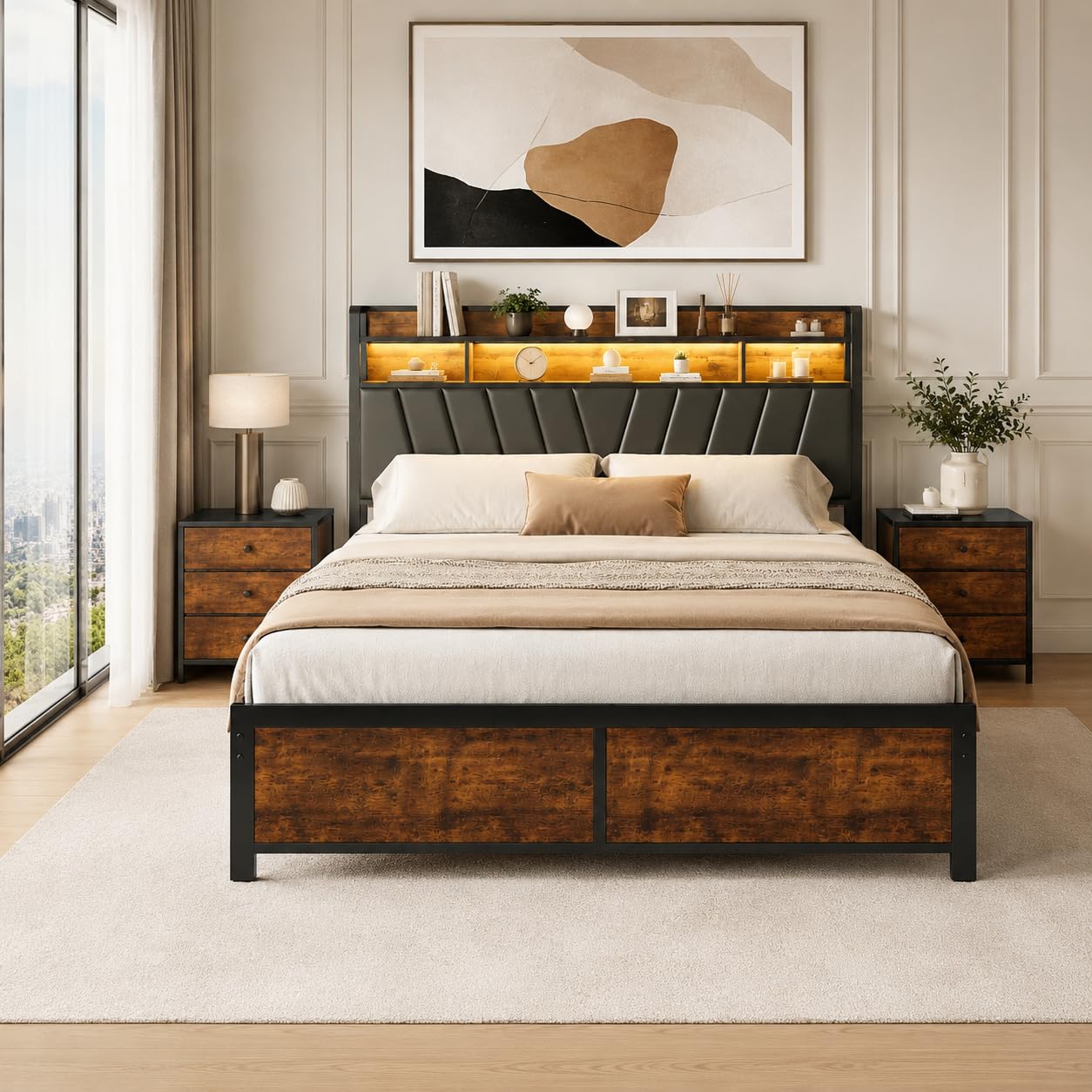 Doppelbett 180x200 cm Metall Holz 4 Schubladen App LED USB Steckdose Bett