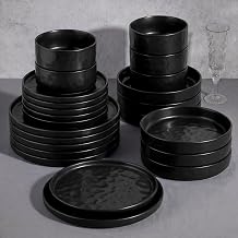 E-far Black Plates and Bowls Sets, 24-Piece Stoneware Dinnerware Set for 6