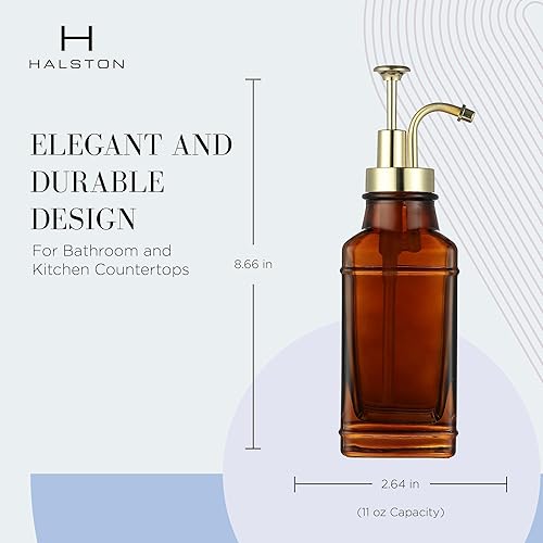 Miniatura 4 de Dispensador de jabón de vidrio ámbar con dispensador de bomba de oro cepillado, bomba recargable moderna para baño, cocina u oficina, elegante pieza