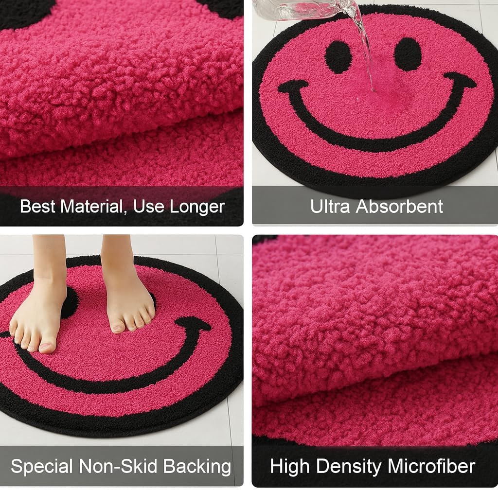FUURY Smiley Face Rug/Bath Mat – Soft Plush Round Accent Rug with Non-Slip Backing for Bedroom, Dorm, Living Room, or Bathroom (Pink)