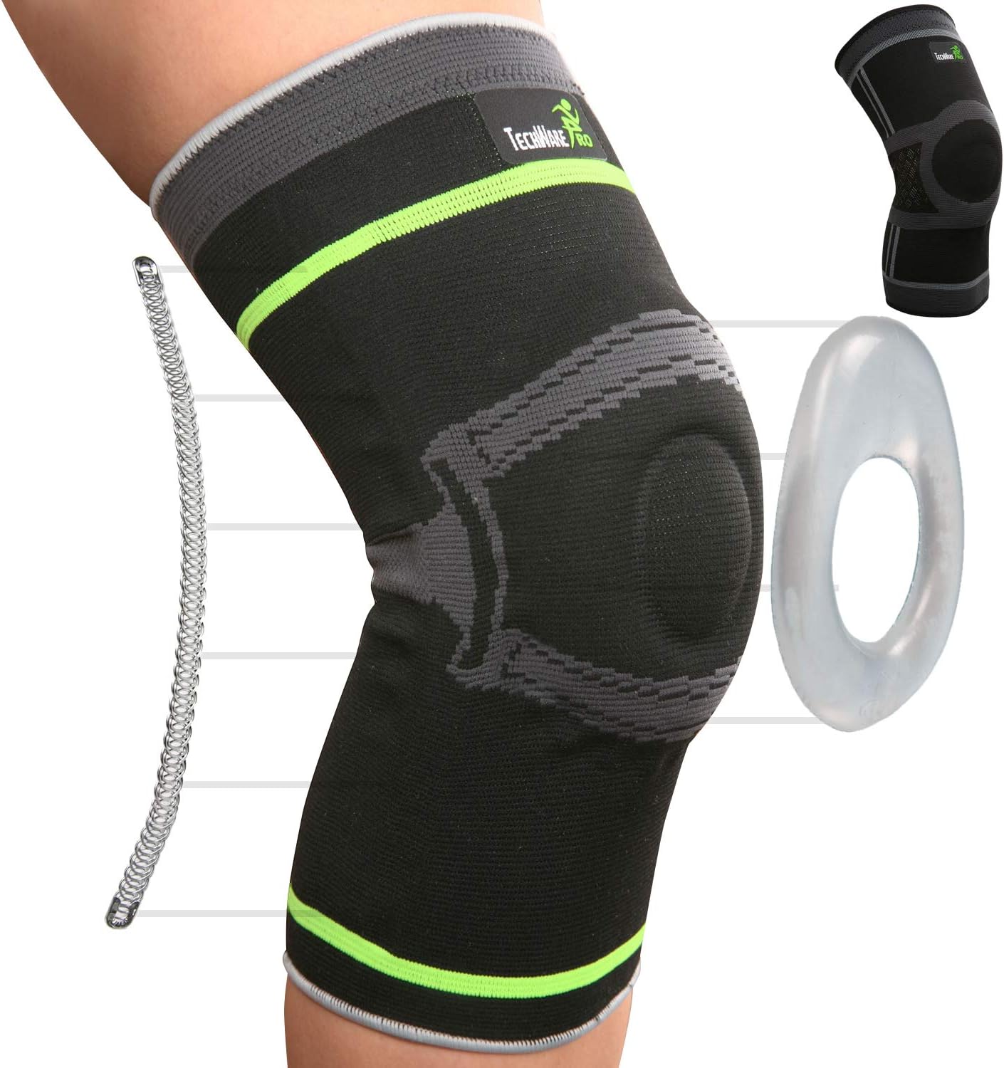 TechWare Pro Knee Compression Sleeve - Knee Brace for Men & Women with Side Stabilizers & Patella Gel Pads for Knee Support. Meniscus Tear, Arthritis, & Joint Pain Relief. 5 Sizes. Single Pack