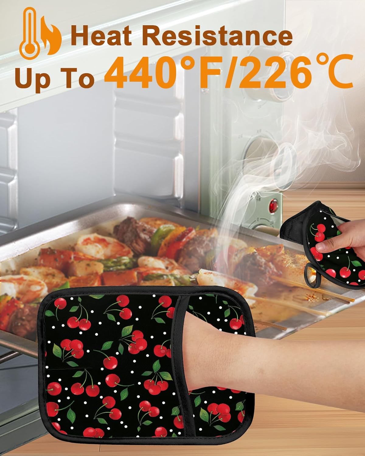 Swooflia 100% Cotton Pot Holders 2 Pack Set for Kitchen with Pockets - Cute 440°F Heat Resistant Oven Hot Pads Heavy Duty for Countertop Home Cooking Baking Microwave BBQ Cherry - Image 3