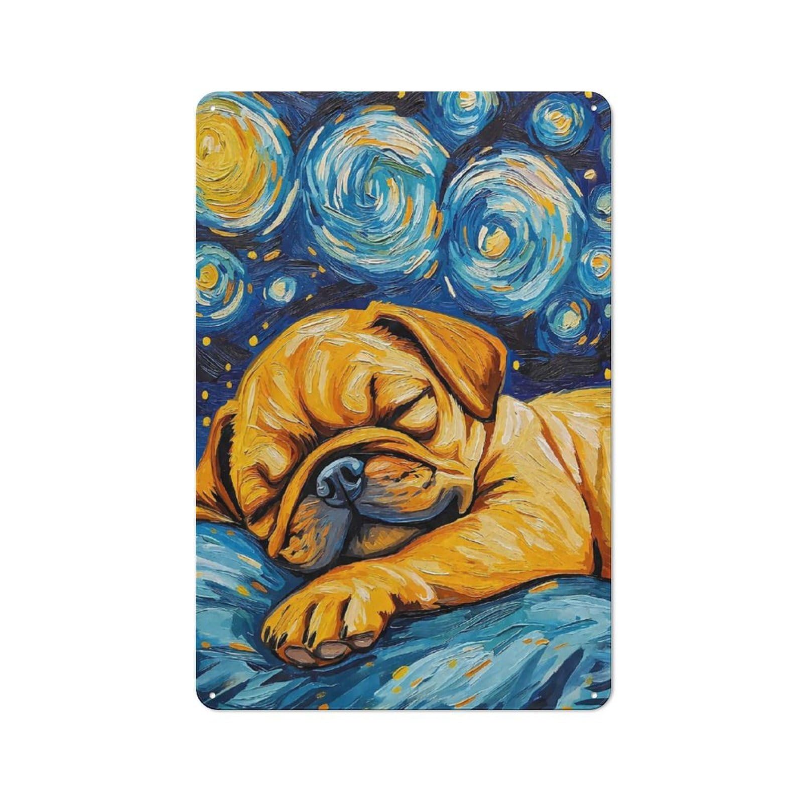 Junmoney Style-1 Sleeping Puggle Starry Night Decorative Tin Plaque 30X20cm, Decorative Novelty Wall Art For Hallway, Home Bar, Garage Or Study