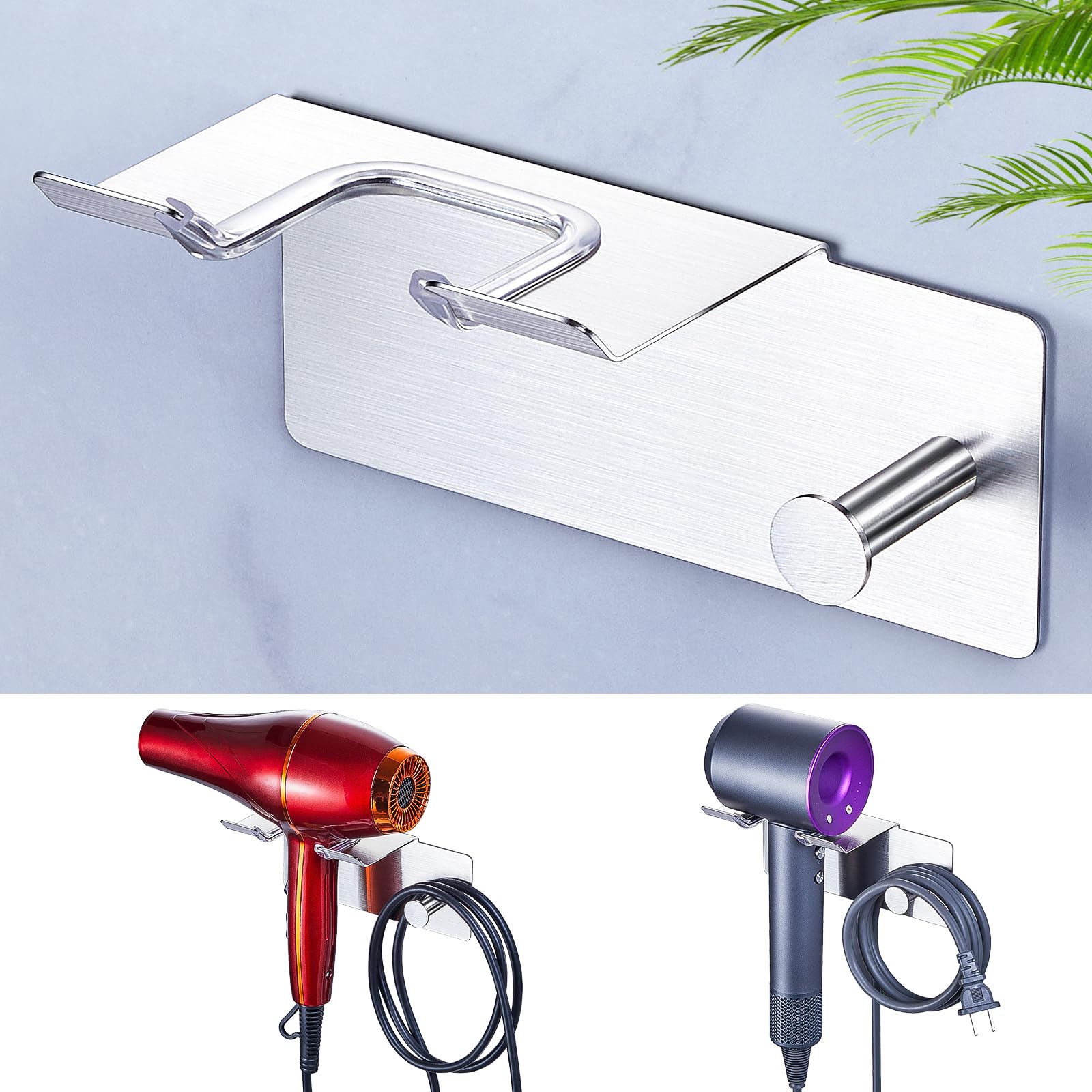 WAYASI Hair Dryer Holder Wall Mount, Adhesive Hairdryer Holder, Hair Dryer Storage, Hair Dryer Stand, Hairdryer Holder Station, Hair Tools Organiser for Bathroom, Silver