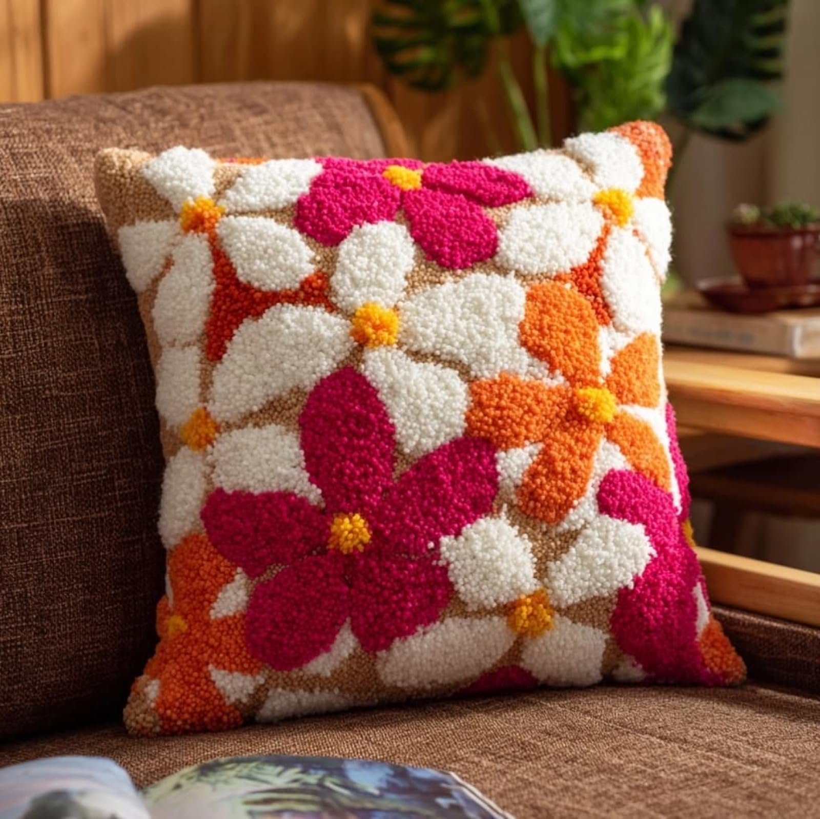 AxiangziK Latch Hook Cushion Kit 43x43cm,Frangipani Complete Needlecraft Set with Pre-Cut Yarn & Tools,Creative Home Decor Gift for All Ages