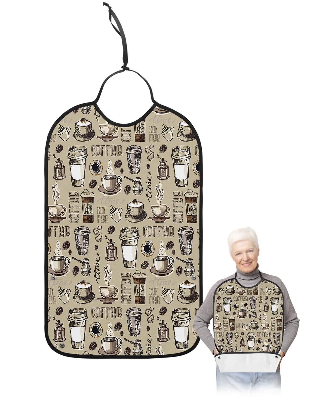 Coffee Adult Bib for Eating with Crumb Catcher,Washable & Waterproof Terry Cloth Adjustable Elderly Women Men Adult Bibs Funny Apron Clothing Protector Abstract Vintage Esppresso Beans Cups Drink