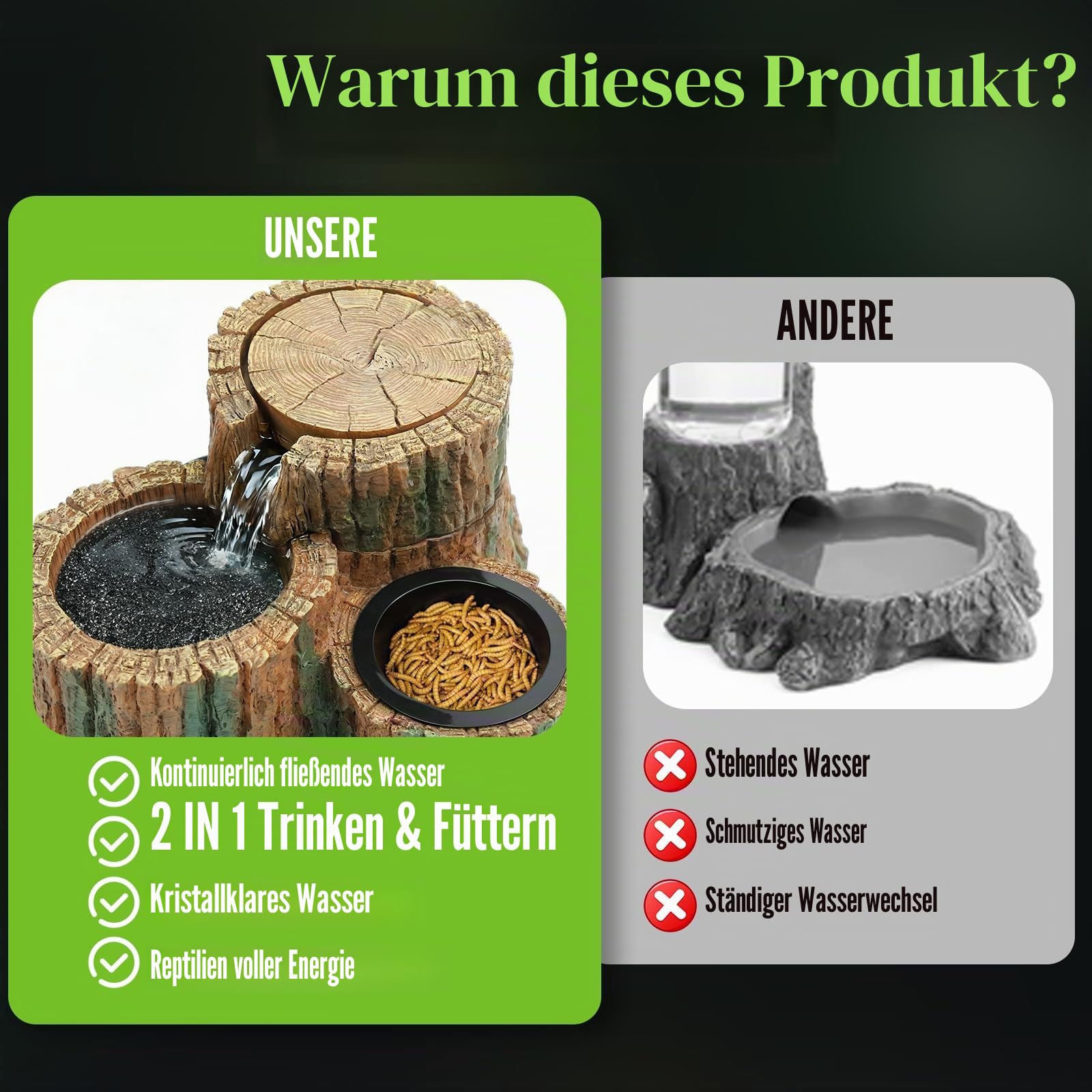 MIXJOY 2-in-1 Reptilien-Wasserbrunnen mit Futterschale, 550 ml, Reptilien-Wasserfall-Trinkbrunnen mit einstellbarem Durchfluss, natürliches Harz, Reptilien-Wasserspender für Bartagamen, Gecko