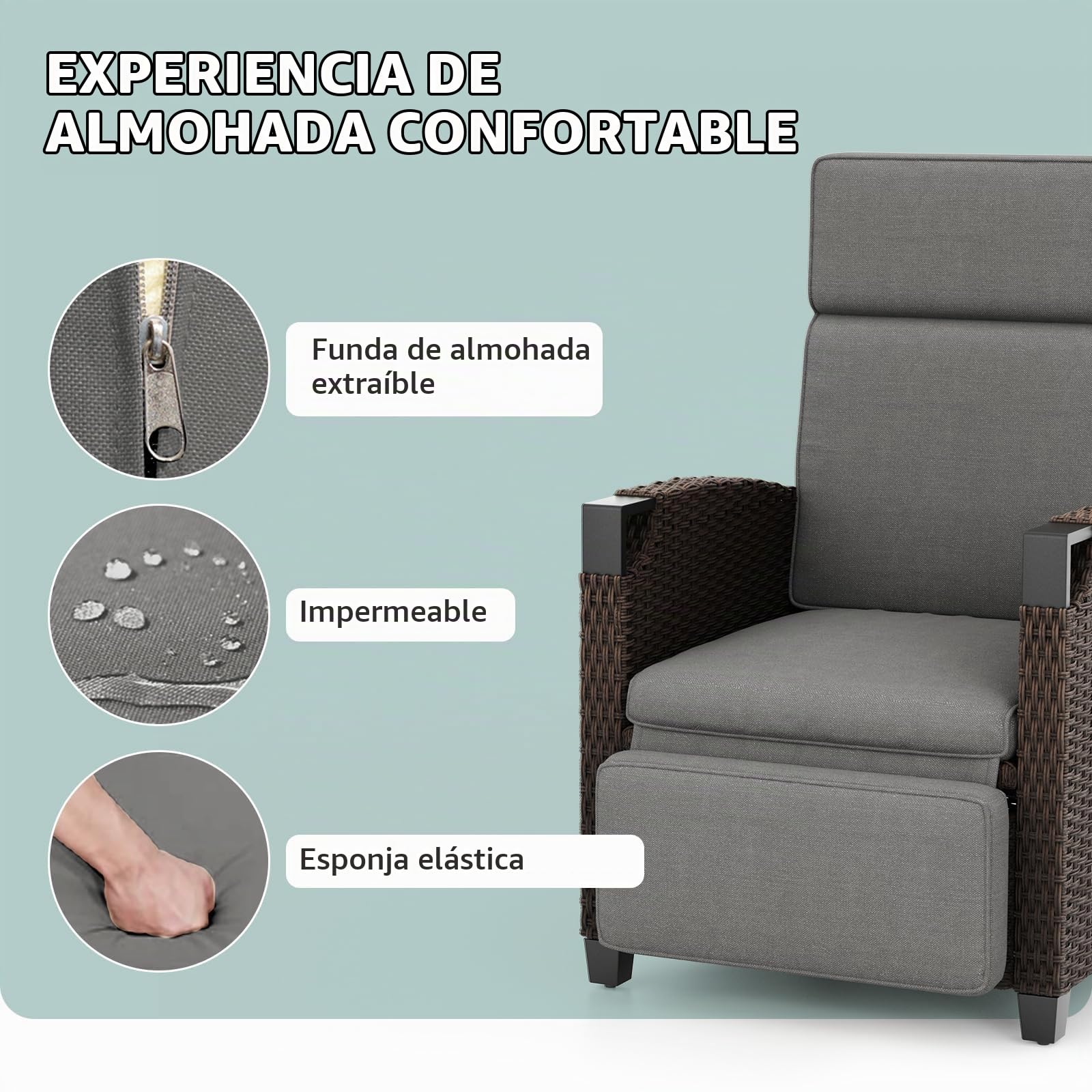 UDPATIO Sillón Ratán Jardin Exterior Reclinable, Tumbona de Jardín Ajustable 150°, con Respaldo Ajustable, Fundas + Extraíbles Cojines, Impermeable, para Interior y Exterior - Marrón