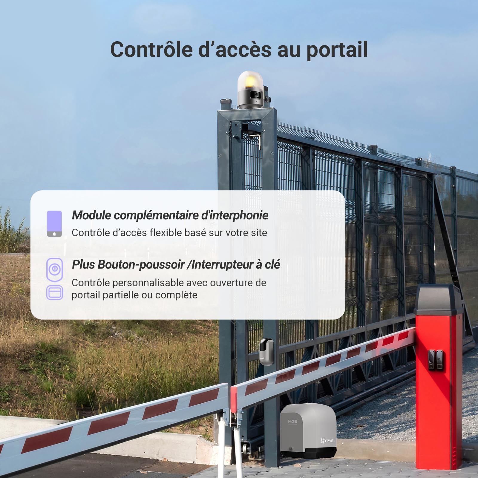 EZVIZ Moteur Portail Coulissant 600 kg,Ouvre Portail Auto HG2 600 Pro | Vantaux Max 8m, Caméra 2K d'Alarme,Détection d'Obstacles,Batterie de Secours,Télécommandes&Contrôle APP, Facile à Installer