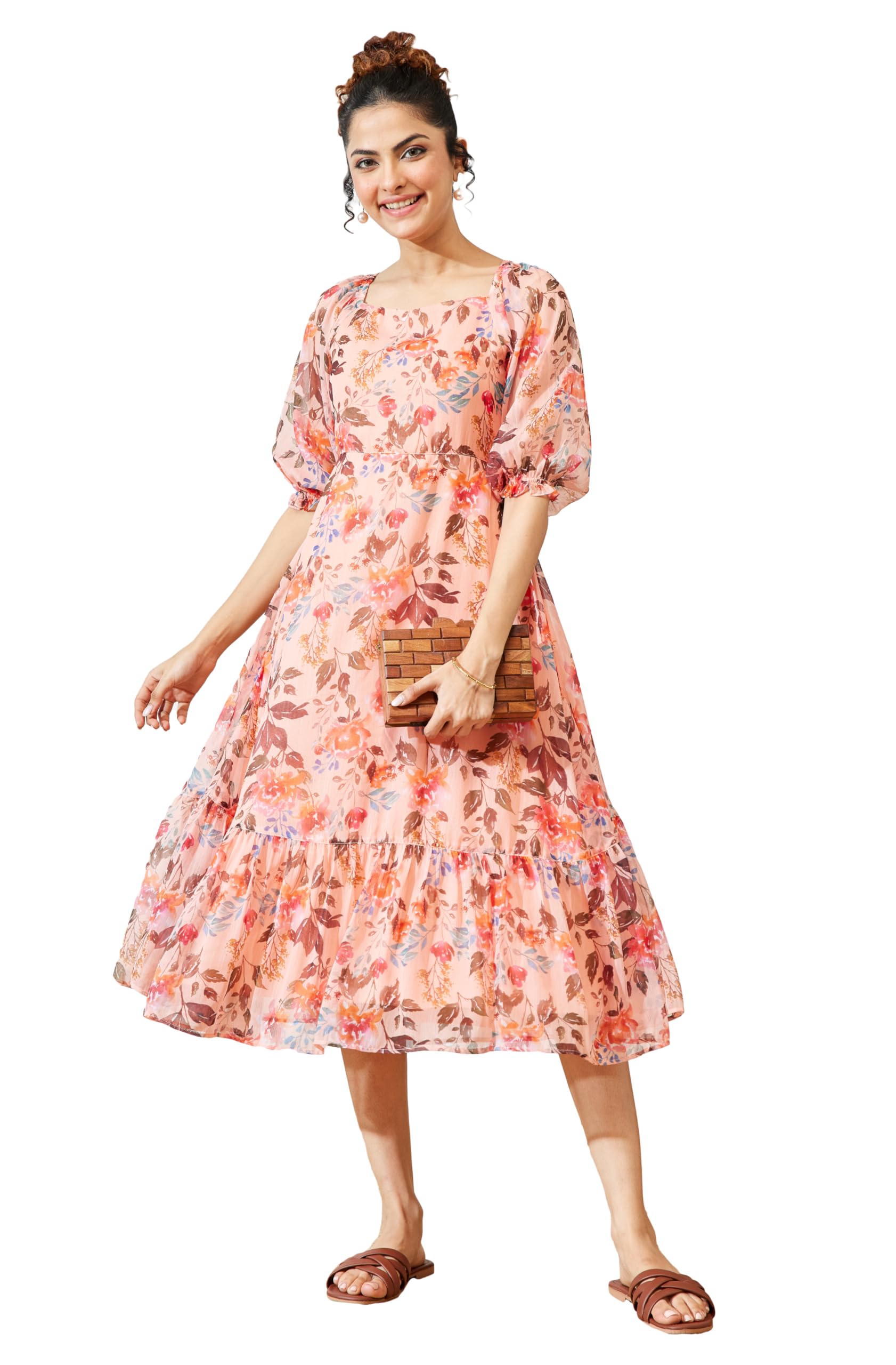 janasya Women's Peach Chiffon Floral Printed A-line Dress-picture-56