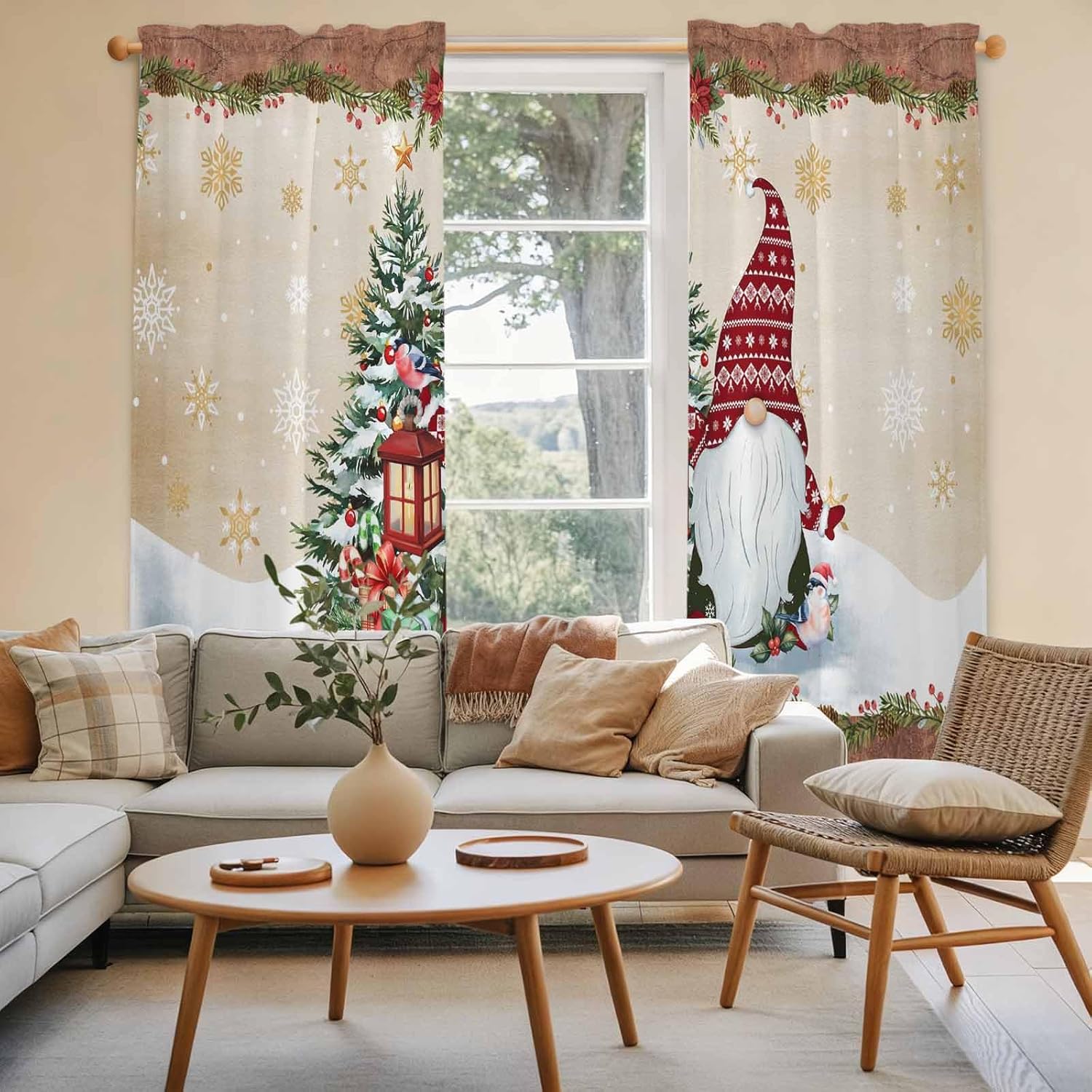 Red Christmas Window Curtains 72 Inch Long 2 Panel Set, Rod Pocket Long Curtains & Drapes, Gnomes Xmas Tree Snowflake Gifts Winter Light Filtering Window Treatment for Bedroom Living Room 52"W x 72"L