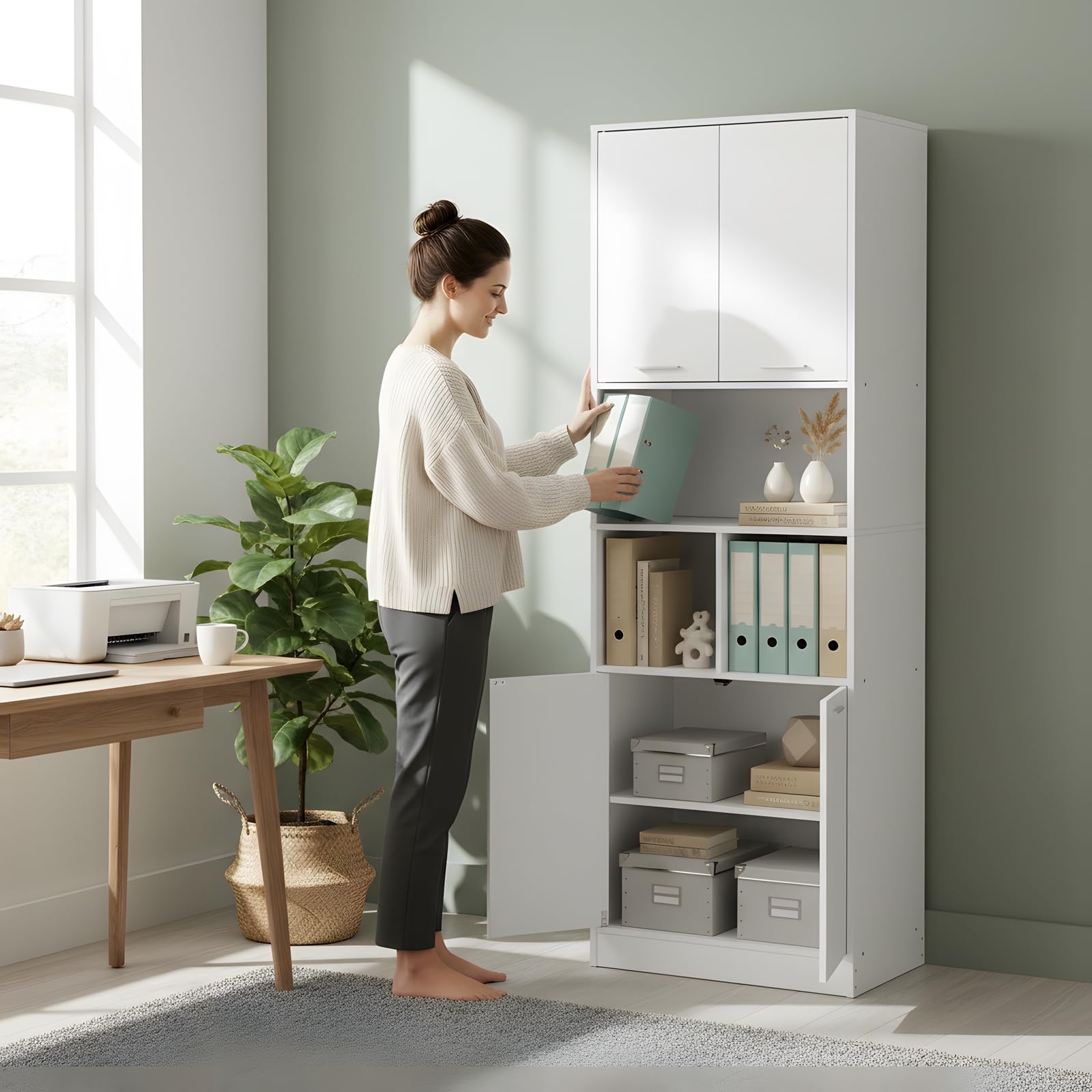 Vorratsschrank Küche Weiß&Hochschrank 180cm, Mehrzweckschrank 60cm breit mit offenem Fach als Mikrowellen Schrank, Küchenschrank 40cm tief aus Holz, Haushaltsschrank Büroschrank für Ordner