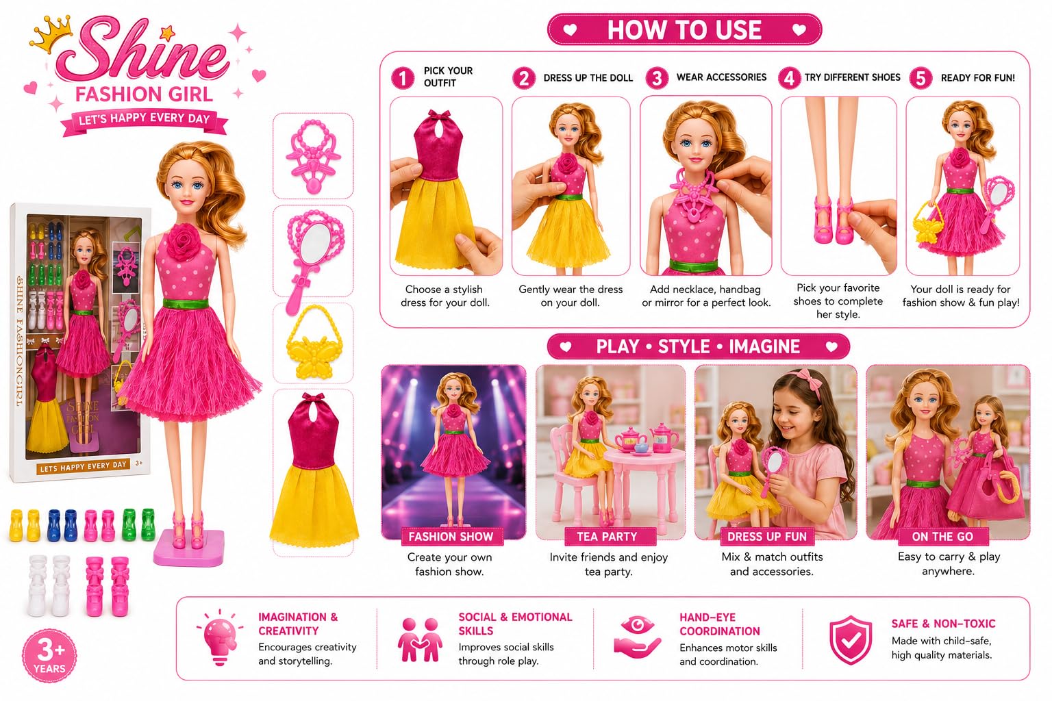 MGT CREATION Foldable and moveable Hand and Leg Doll Set Hair Color Same as Doll Cloths Color (Age 3+) (Color as per Stock), (Bailey Doll) 2