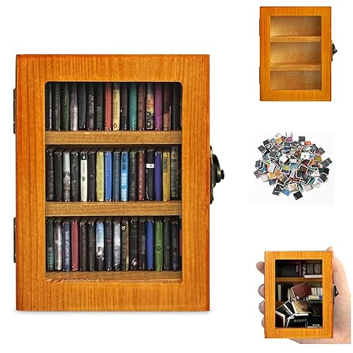 SIHPTO Stress Relief Mini Bookshelf Ornament Miniature Library with 60pcs Mini Books，Miniature Bookshelf Decor Shake Away Your Anxiety，Home Decoration for Book Lovers (Brown)