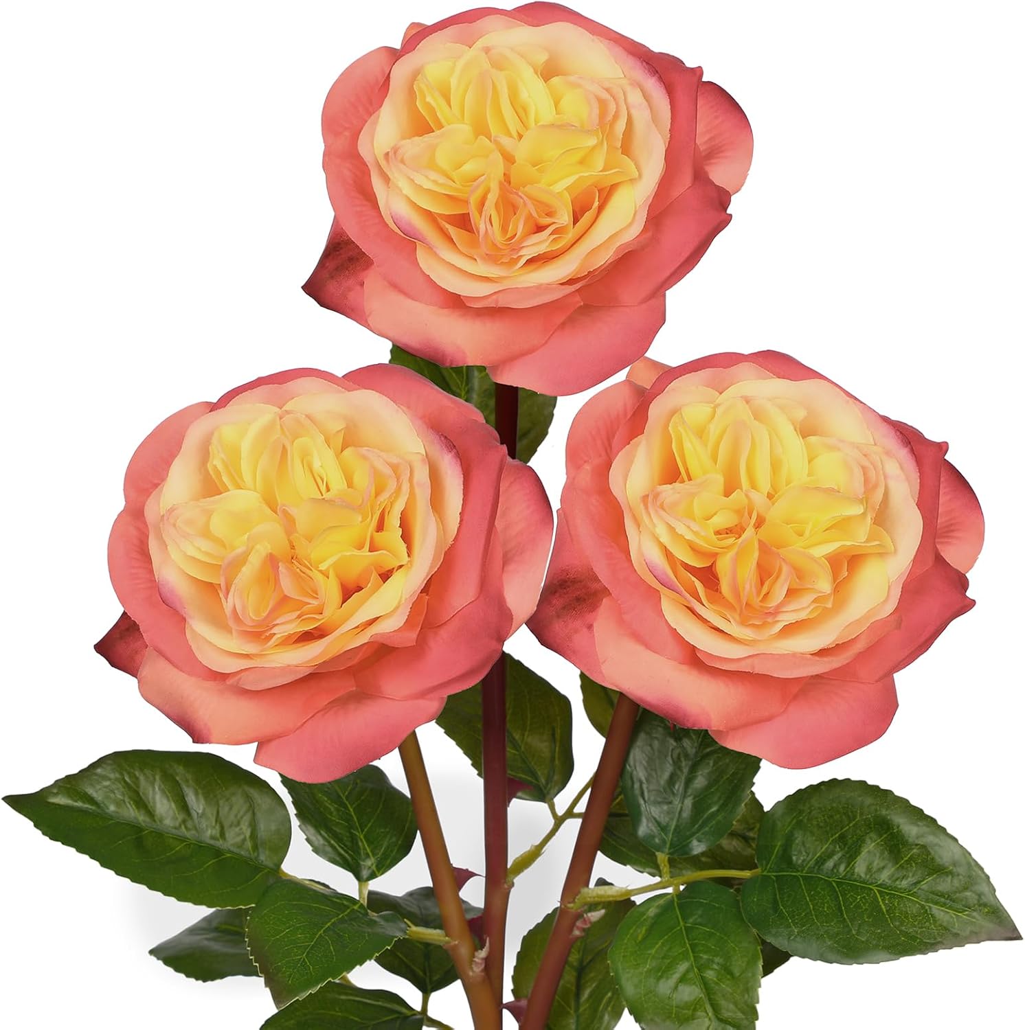 Artificial Roses - Set of 3 Long-Stem Real Touch Silk Roses, 24.4" Faux Flowers for Home Decor, Wedding Bouquets, Centerpieces & Floral Arrangements – Lifelike Yellow Pink Fake Roses