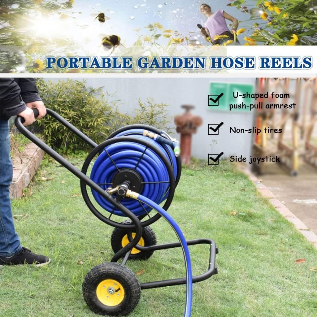 Hose Reel Cart Water Hose Cart with Wheels Heavy Duty Outdoor Hose Cart, Garden Hose Reel with Rollers, Hand-Push Water Pipe Storage Holder, Lawn Tools (Color : Black-DN15, Size : Hose Cart+50m Pipe