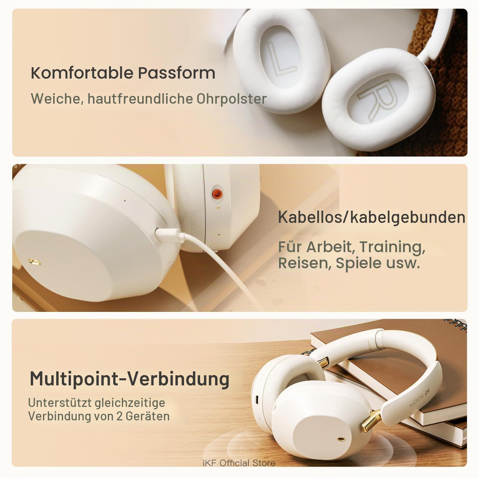 iKF Solo Pro Kabellose Kopfhörer, Adaptiv ANC, Hi-Res, 140 h Akkulaufzeit | Bluetooth Over-Ear Headset, Spatial Audio, Kopfverfolgung, Transparenz Modus, Tiefer Bass, Alltag, Büro, Schwarz/Ro