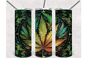 Stained Glass 420 Marijuana Cannabis Weed Pot Leaf Tumbler with Lid and Straw