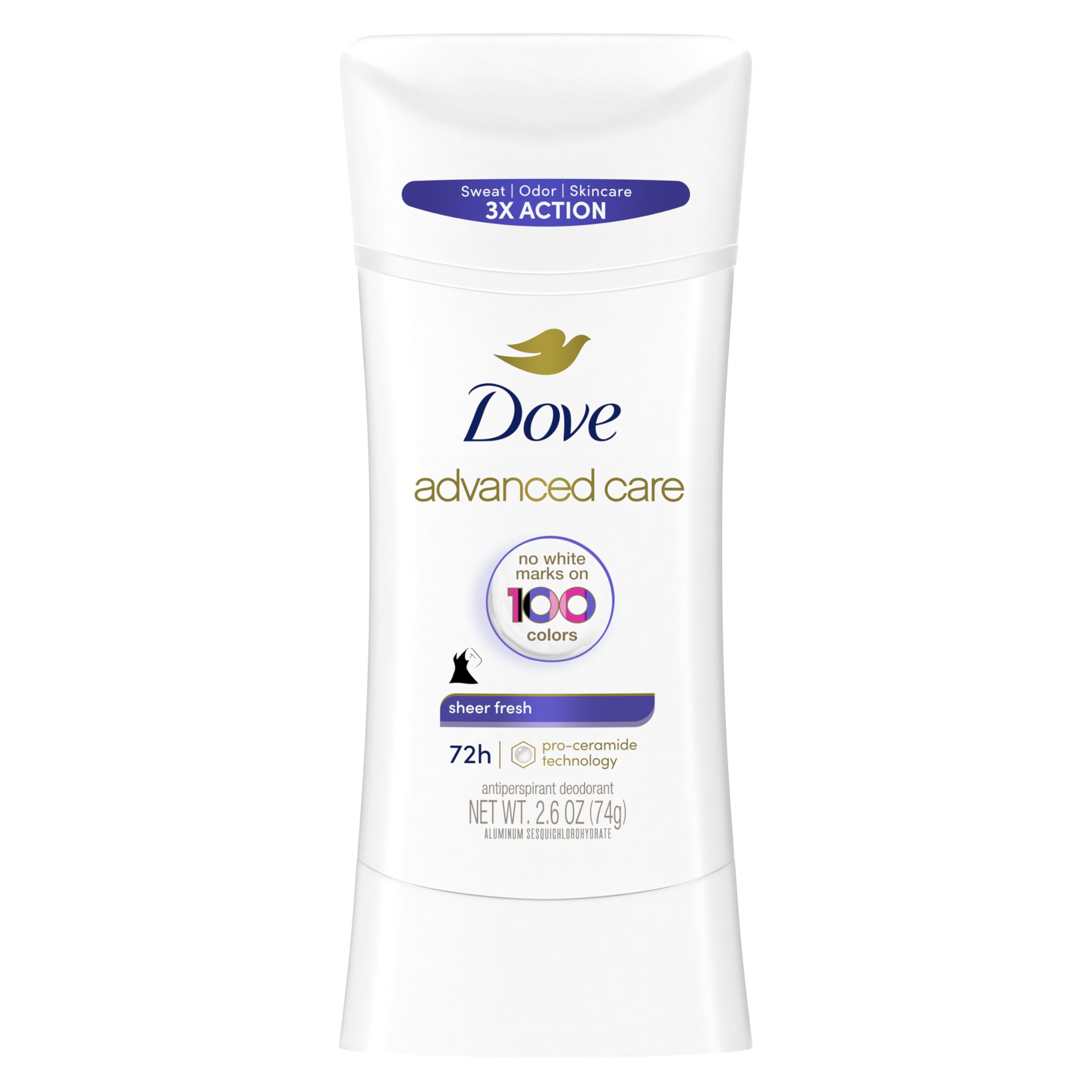 Dove Advanced Care Antiperspirant Deodorant Stick Sheer Fresh for Soft, Resilient Skin, with No White Marks & 72-Hour Sweat & Odor Protection, 2.6 oz