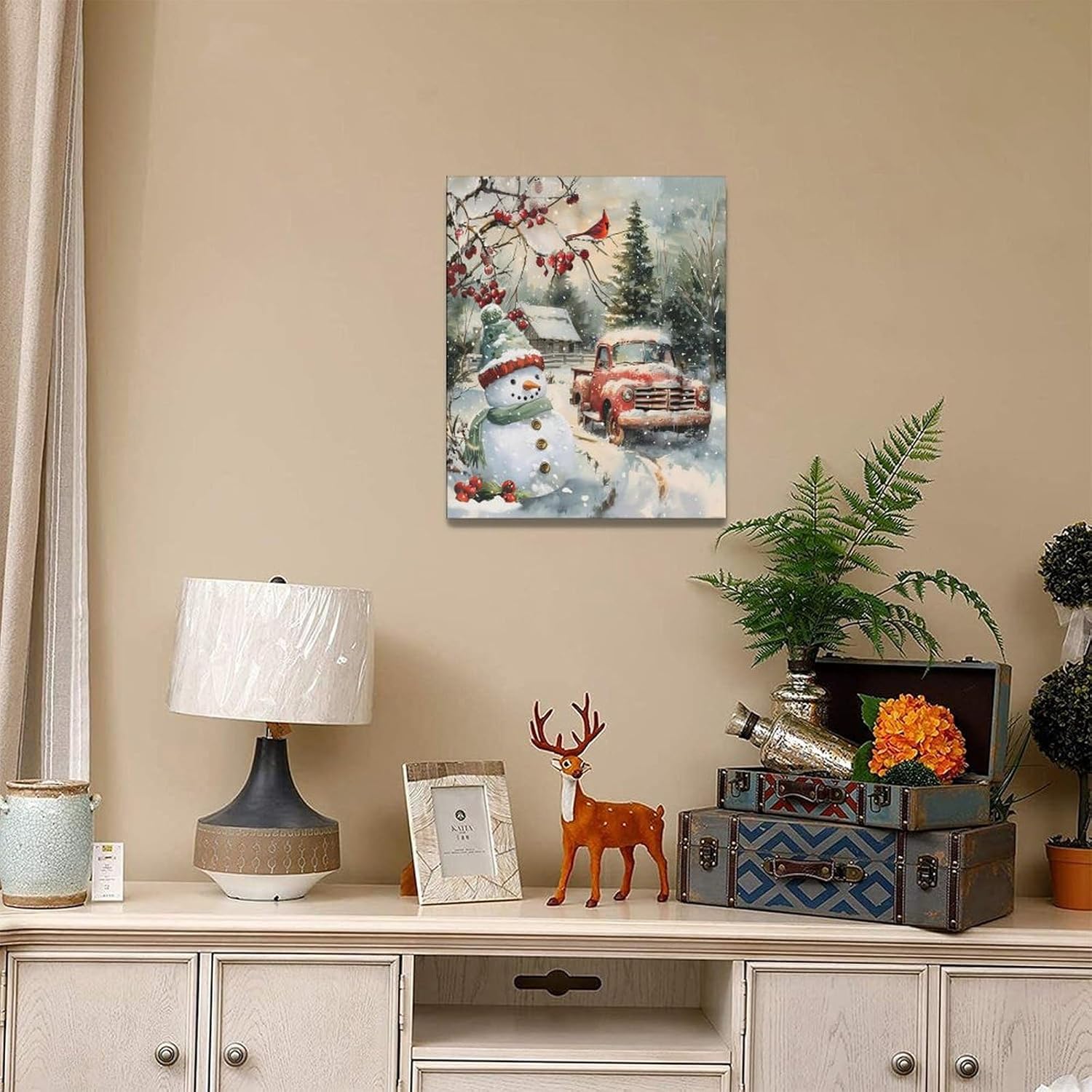 Christmas Decor Snowman Wall Art Winter Farmhouse Red Truck Pictures Wall Decor Cardinal Canvas Canvas Painting Print Modern Home Decorations Artwork for Bathroom Bedroom Living Room Kitchen 16"x20"