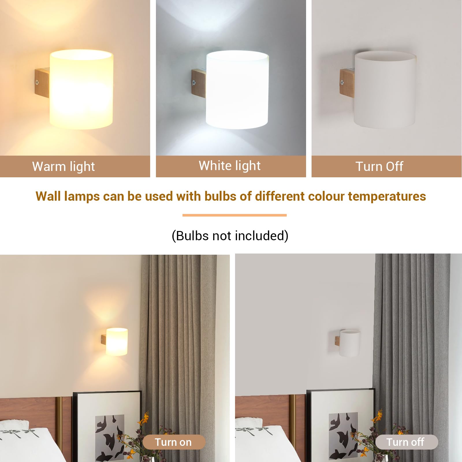 Wandleuchte Innen Holz E27, 2 Stück Wandlampe Innen mit Glas Lampenschirm, Moderne Holz Wandbeleuchtung mit E27 Fassung für Schlafzimmer Küche Wohnzimmer Flur Treppenhaus (Ohne Glühbirne)