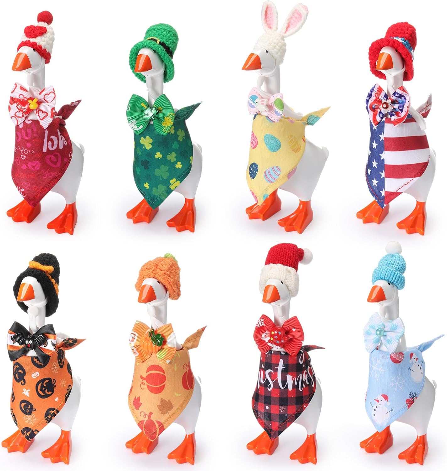 8 Sets 7inch Desk Goose Outfits Holiday Mini Knitting Hat Bowties and Hairband Independence Day Goose Costume All Season Desk Geese Outfit Magnetic Statue Keychain for Table Decor(Bandanas)