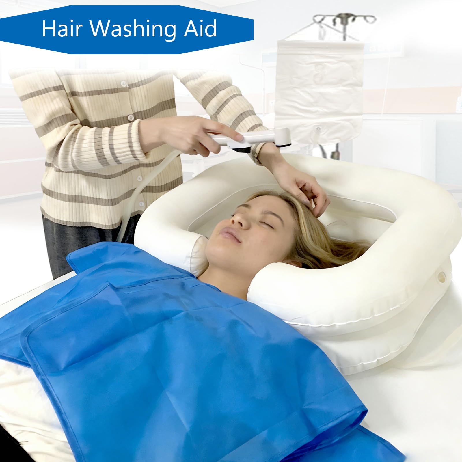 Sistema doccia da letto, doccia a soffitto con sacca d'acqua da 2,1 galloni, kit con bacinella gonfiabile per shampoo per persone disabili e anziane(set da 6 pezzi)