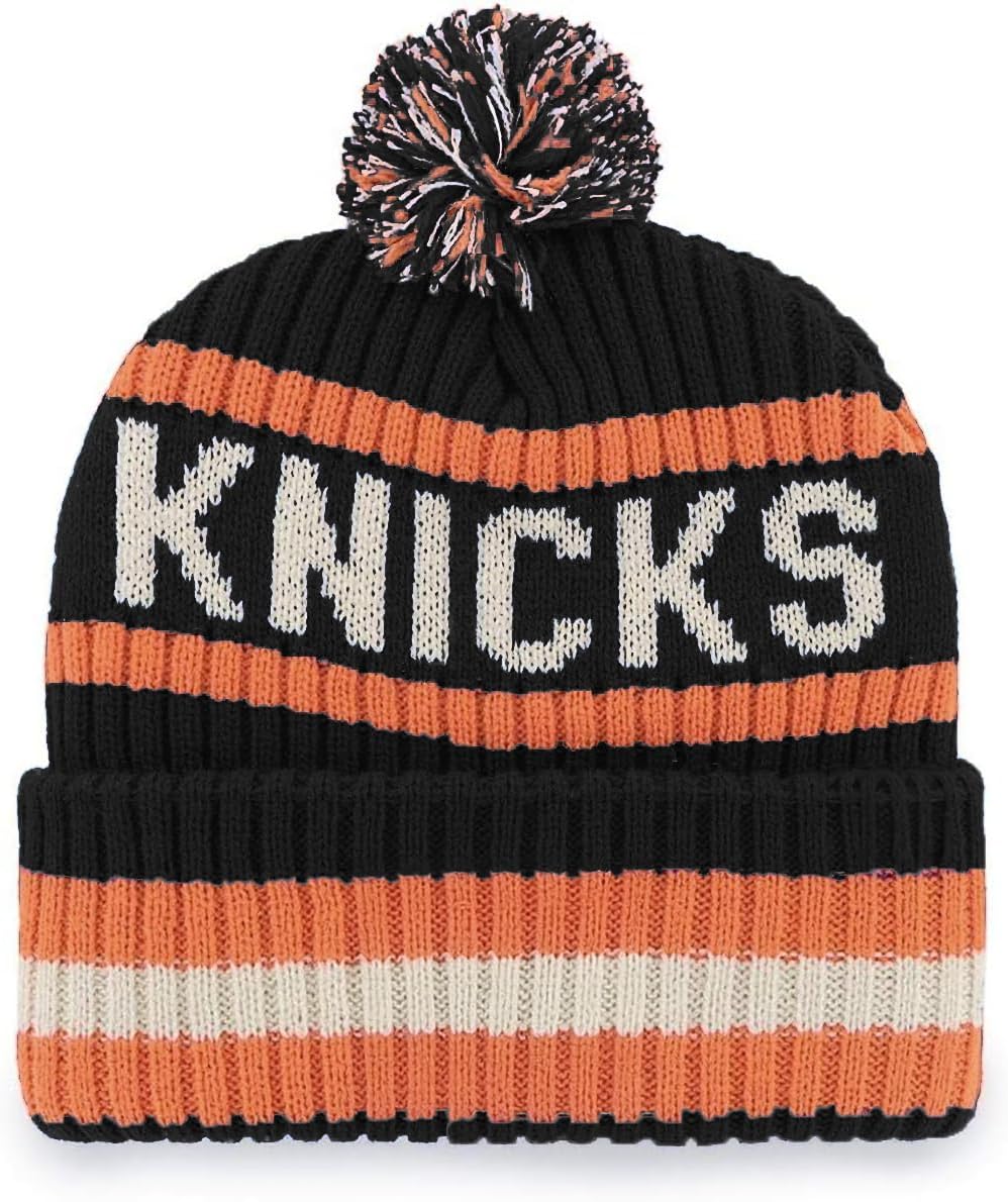47 NBA Unisex-Adult Team Color Officially Licensed Primary Logo Bering Sport Knit Cuffed Pom Beanie Cold Weather Hat - New York Knicks Black