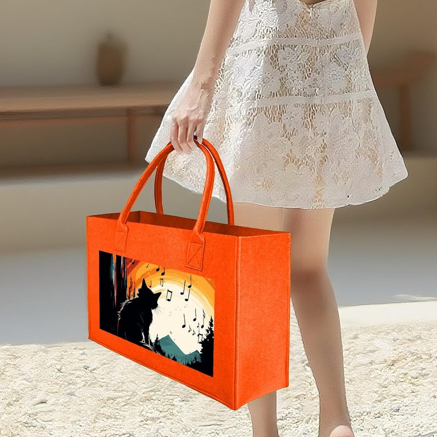 Cat Silhouette Tote Bag for Unisex, Large Felt Shopping Bag with Handles, Handbag, Reusable Gift Bag