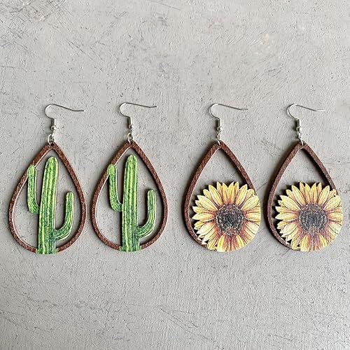 Wooden Sunflower Drop Earrings Unique Handmade Bohemian Sunflower Dangle Earrings Daisy Flower Statement Earrings American Flag Flower Wood Earring-D #TOP2