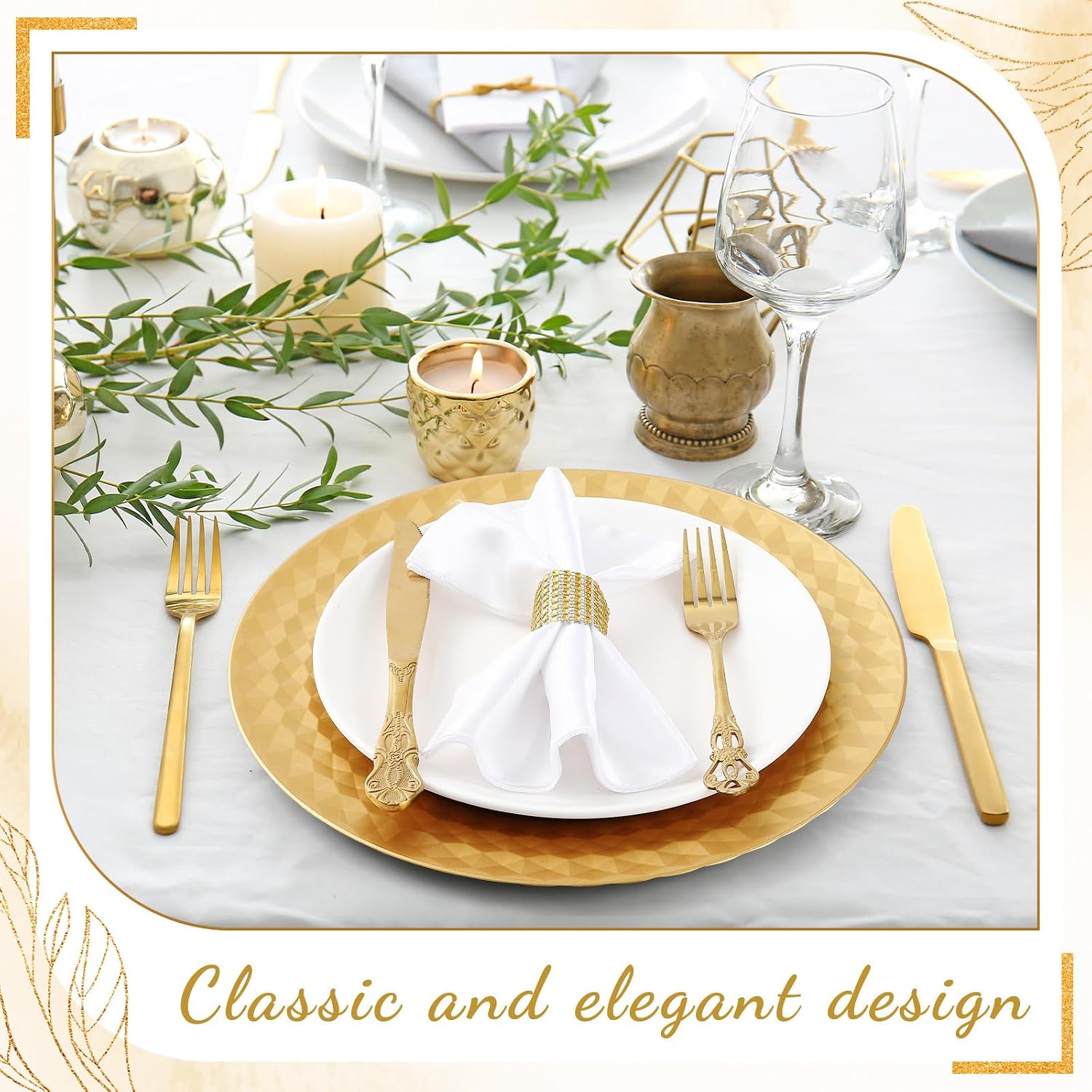 Maxdot 12 Pcs Gold Charger Plates 13 Inch Plastic Round Disposable Dinner Chargers, Decorative Diamond-patterned Serving Plates for Table Setting, Wedding Party, Elegant Tabletop Decoration image 5