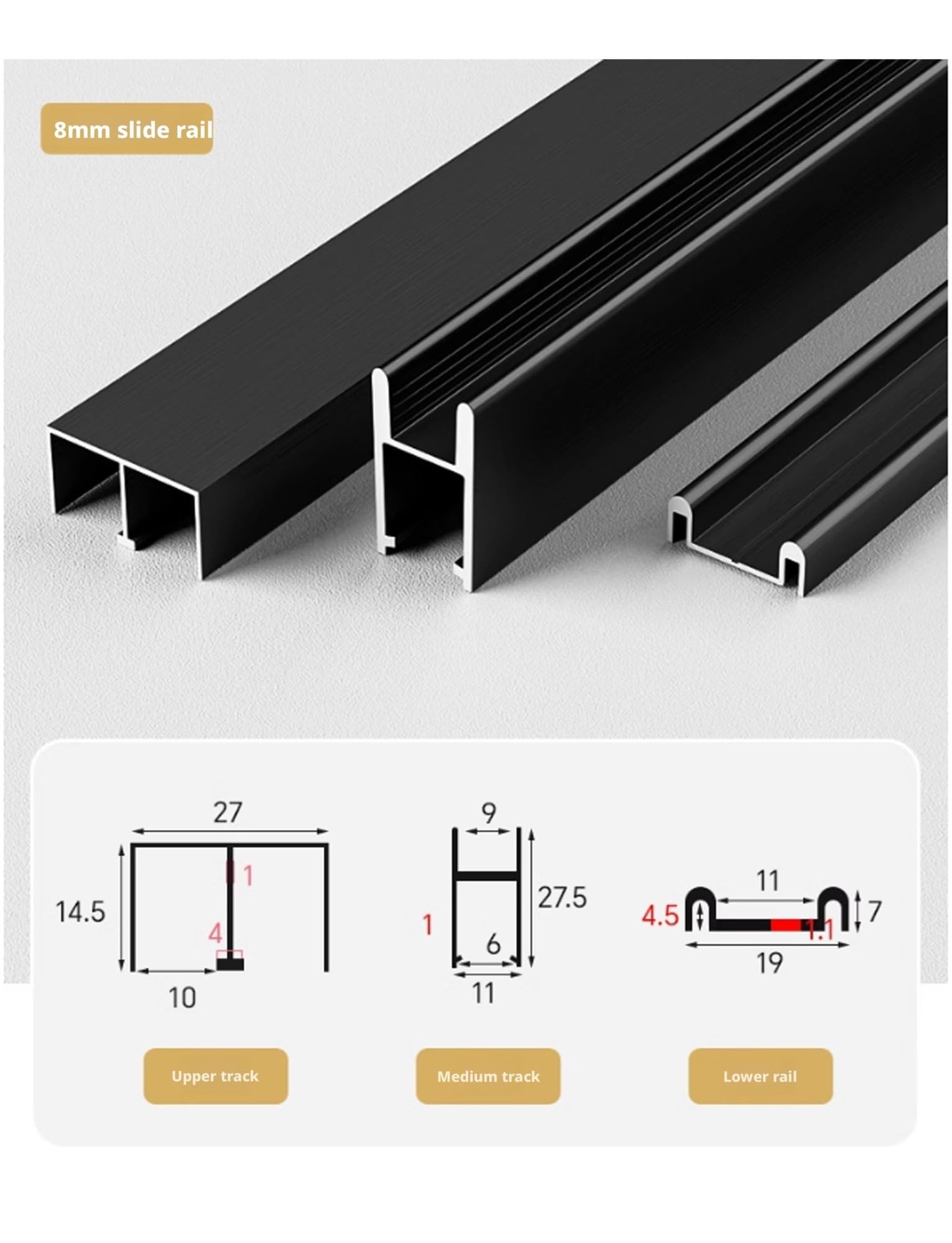 Generisch Glasschiebetür Dreiteilige Schiene Vitrinen-Gleitschiene Schiebetür Schiebetürzubehör, Geeignet for Schränke und Bücherregale, 8 mm(Black,120cm)