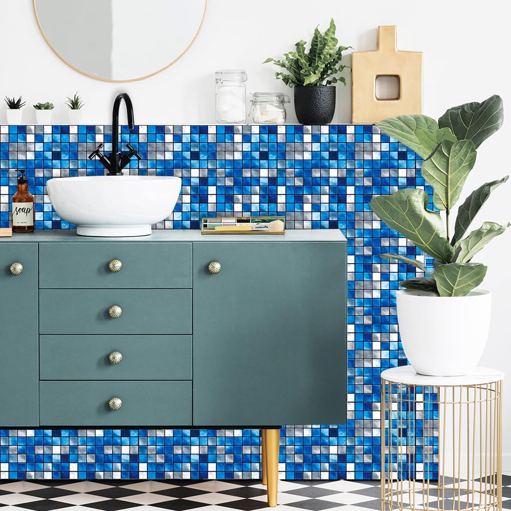 Piastrelle adesive a Mosaico Effetto Pietra preziosa Blu, Piastrelle autoadesive per pareti di Cucina e Bagno, Vinile, Facili da Applicare, Impermeabili e Resistenti all'olio, 10 p