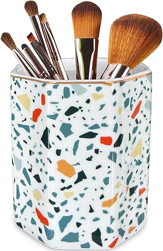 Miniatura 6 de Portalápices de cerámica de 2 compartimentos - Organizador de lápices de mármol de terrazo dorado para mujeres - Azul