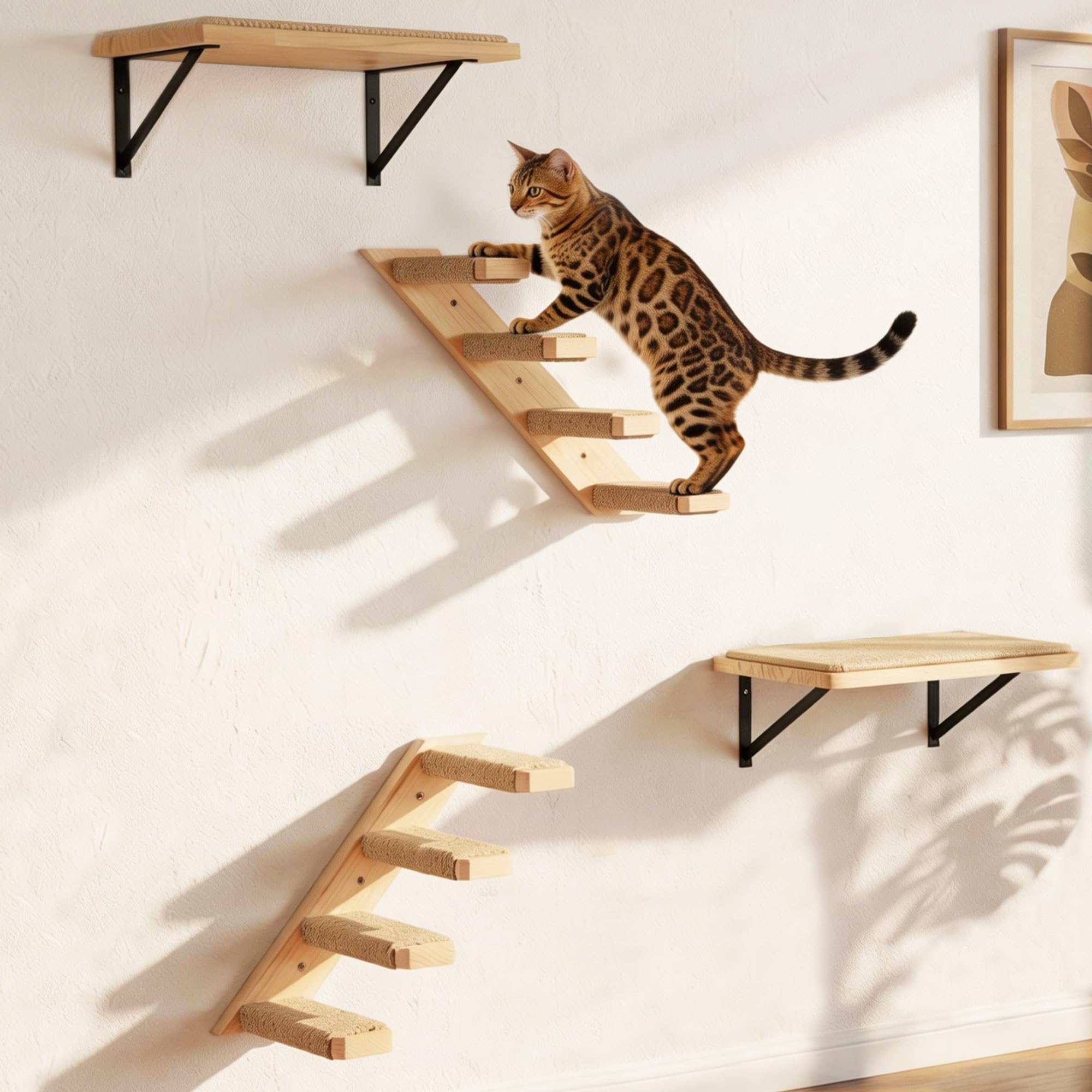 Cat Climbing Frame Set, Wall Mounted Cat Furniture Set with 2 Steps and 2 Platforms, Wooden Cats Shelves for Sleeping and Playing