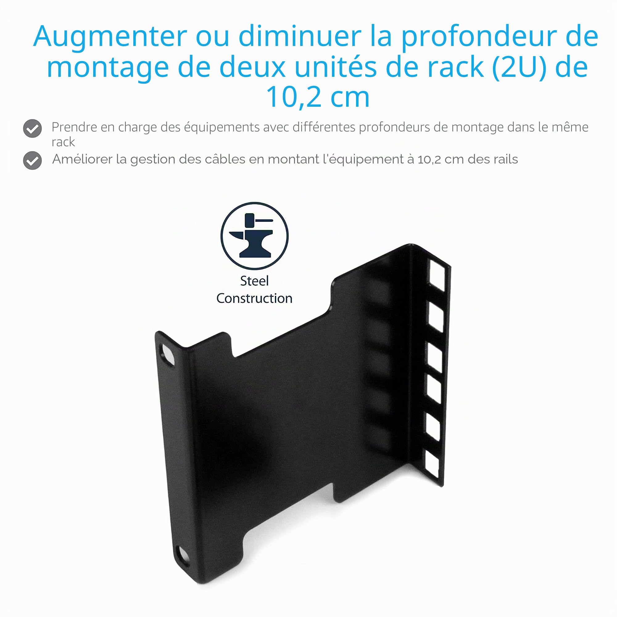 StarTech Kit Extension Profondeur Rack Serveur 2U, 10cm, 59kg (RDA2U) | Montage en rack, Adaptateur encastré, Extension réseau, Écrous et vis, Serveur
