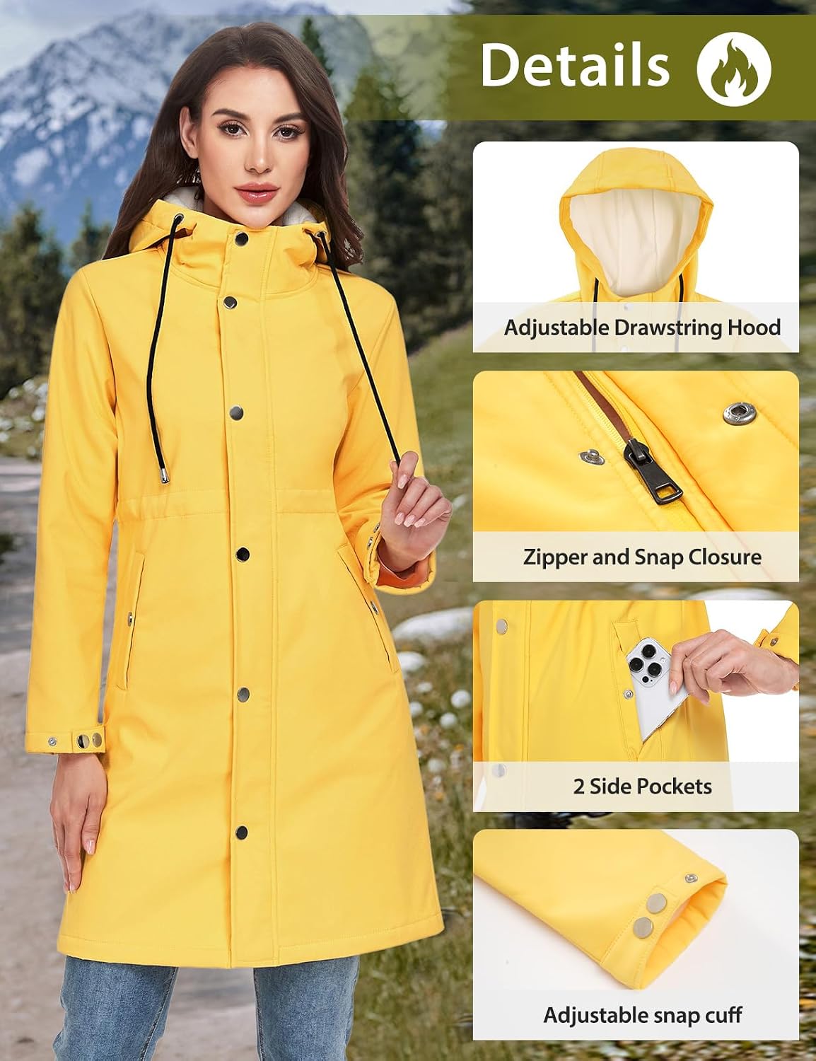 UMIPUBO Women's Softshell Long Rain Jacket Waterproof Fleece Lined Windbreaker Lightweight Insulated Warm up Coat with Hood