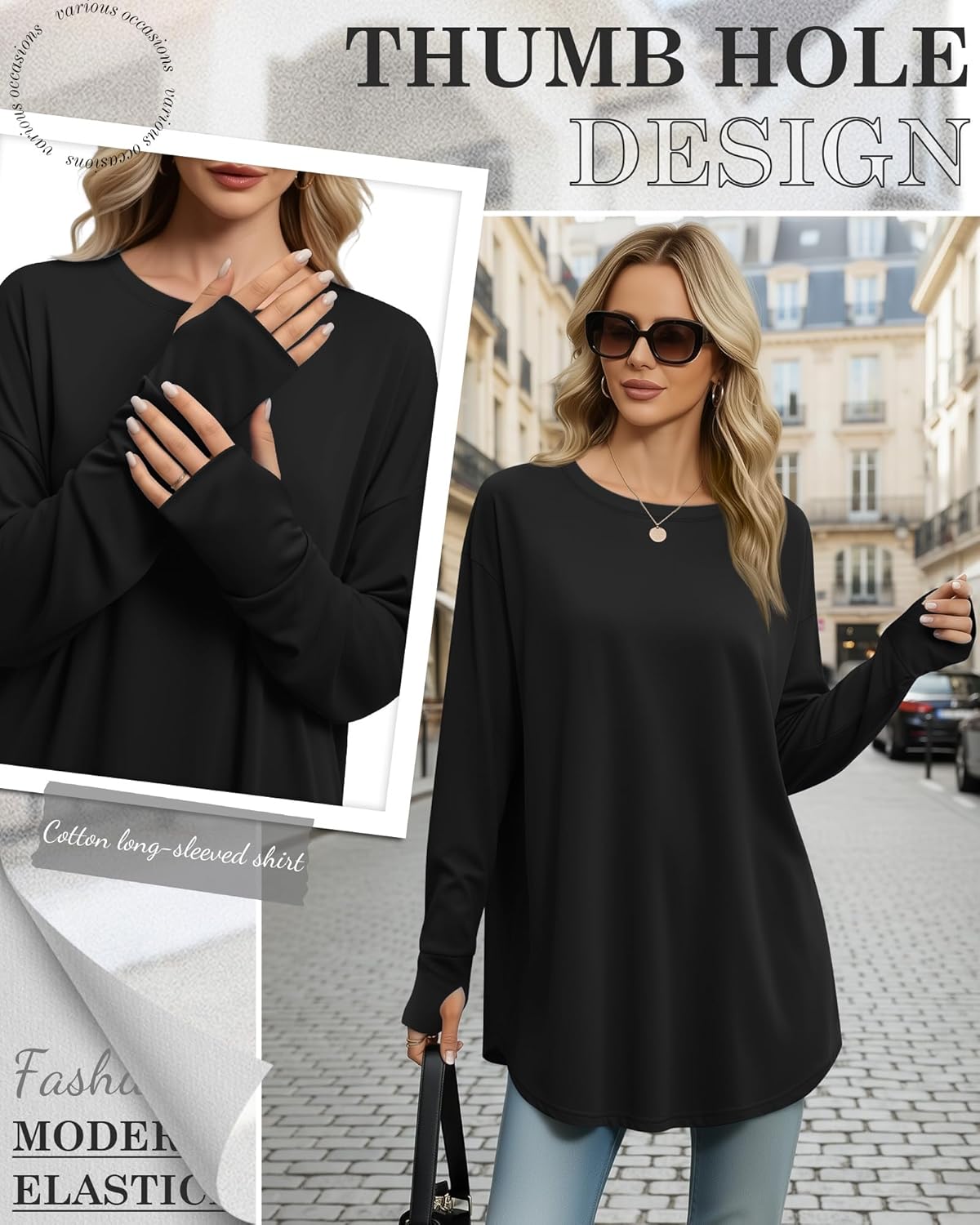 95% Cotton Long Sleeve Shirt for Women, Thumb Hole Oversized Tunic Tops, Crew Neck Loose Fit Trendy Basic Tees - Image 3