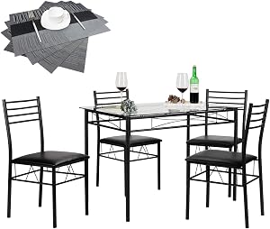 VECELO Dining Table Set with 4 Chairs [4 Placemats Included], Black