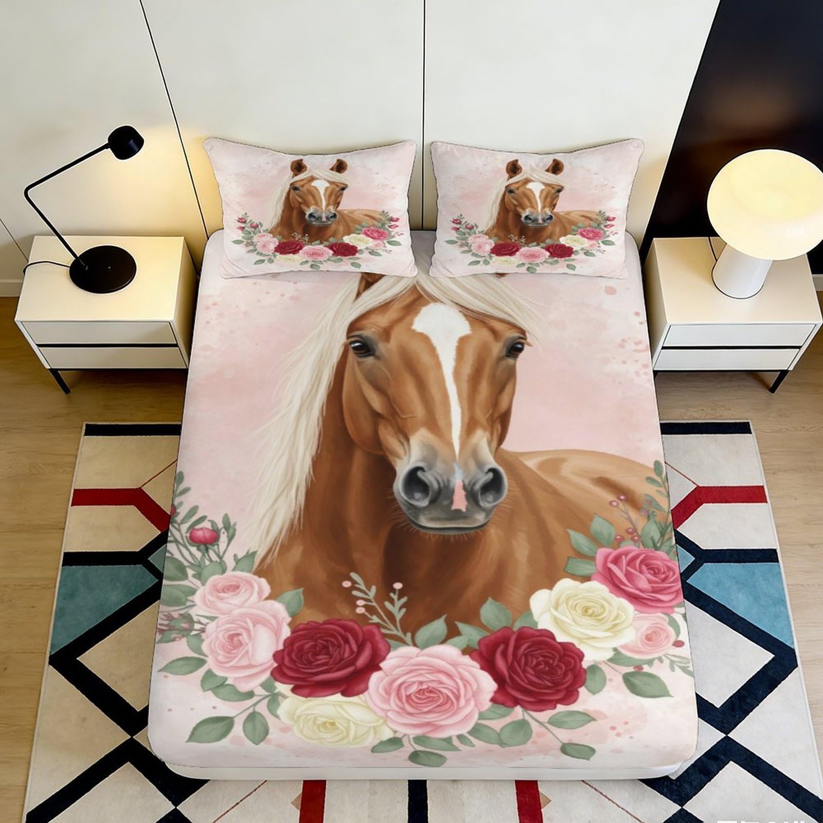 3D Printed Horse Floral Fitted Sheet Microfiber Deep Pocket Non-Slip Bedroom Horse Floral Mattress Fitted Cover for Adults Teens 200x200x25cm 90x200x25cm