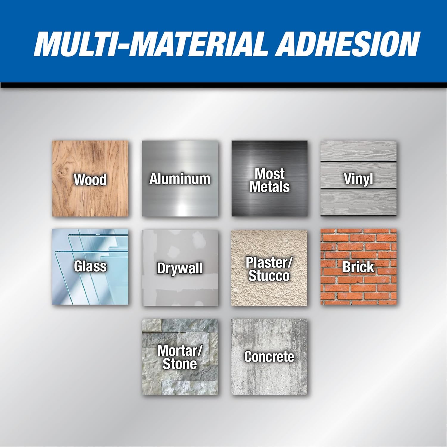 Diagram showing various materials Phenoseal Vinyl Adhesive Caulk adheres to, including wood, aluminum, metals, vinyl, glass, drywall, plaster/stucco, brick, mortar/stone, and concrete.