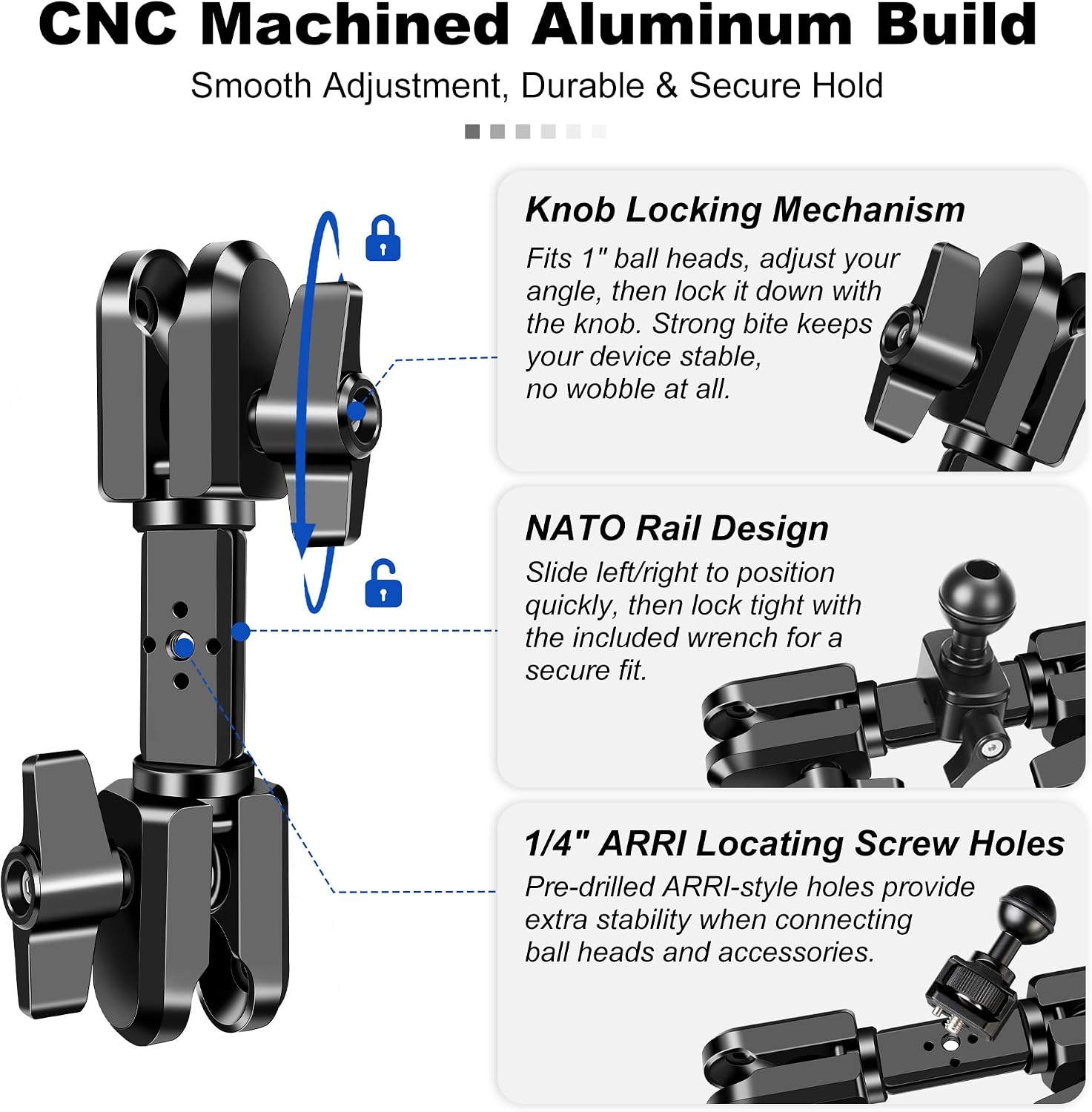 Dual Knob Magic Arm for 1" (25.4mm) Ball Heads, CNC Aluminum Alloy Articulating Arm with NATO Rail & 1/4" ARRI Locating Screw Holes, 360° Rotation Camera Mount for Monitor, Light, GPS, Phone