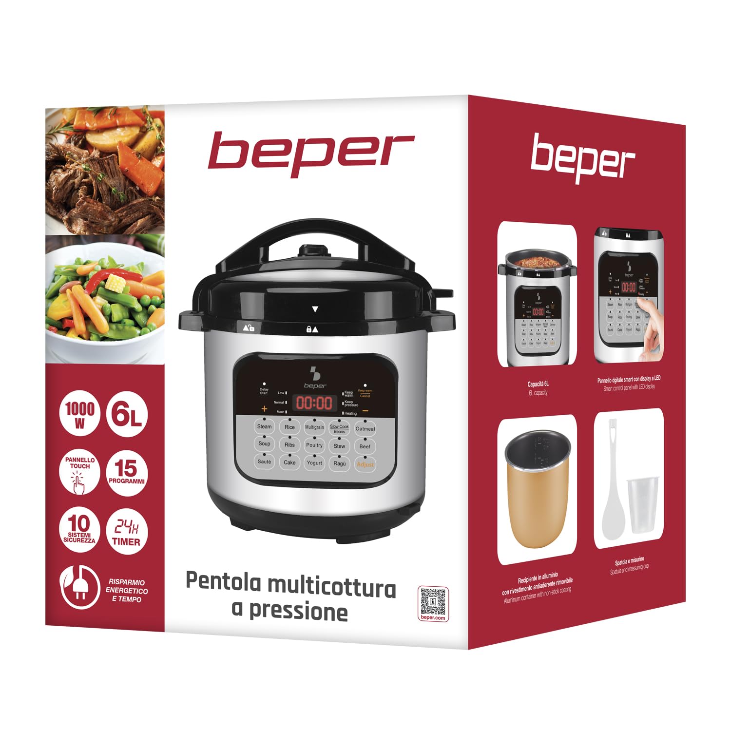 BEPER P101COS002 Schnellkochtopf 6 Liter, 15 Kochprogramme, Schongarer, 24-Stunden-Timer, 3 Druckstufen, Warmhaltefunktion, 10 Sicherheitssysteme, 1000 W