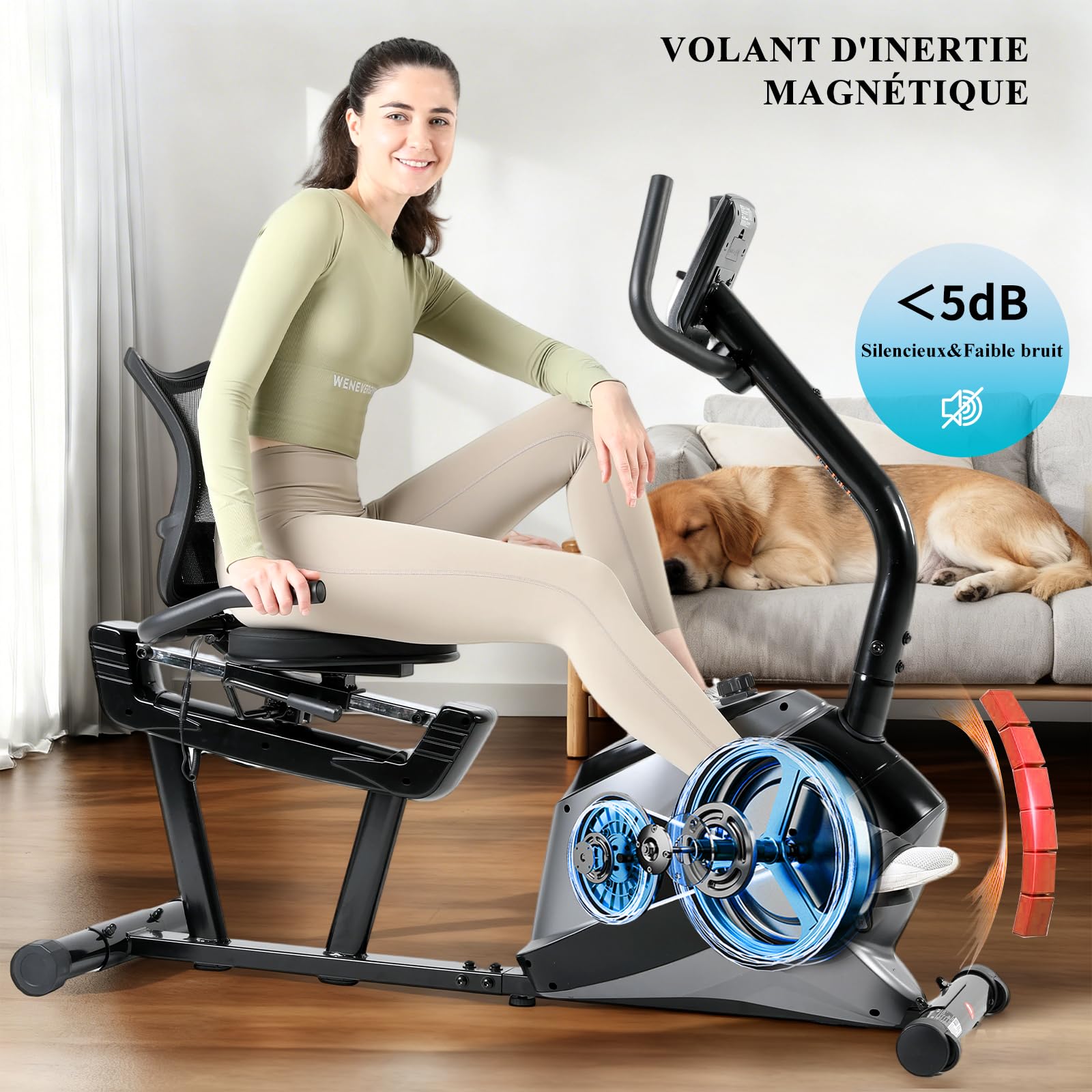 ISE Vélo d appartement Semi Allongé Magnétique 8 Niveaux Résistance, Velo d appartement Dossier Réglable Ergonomie, Impulsion/Ecran LCD, Velo Appartement Semi-Allongé Volant Silencieux, Maison/Bureau