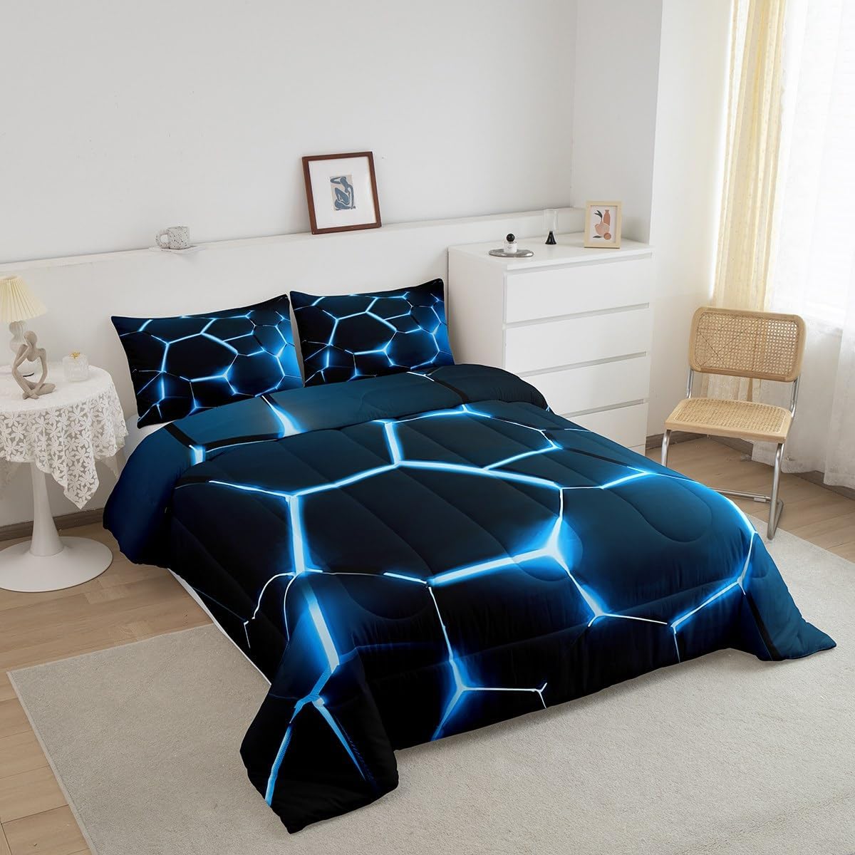 Feelyou Honeycomb Comforter Set Black Hexagonal Pattern Bedding Set Beehive Geometrical Comforter for Children Kids Boys Girls Microfiber Reticulated Plaid Duvet Set Room Decor Quilt Set Queen Size